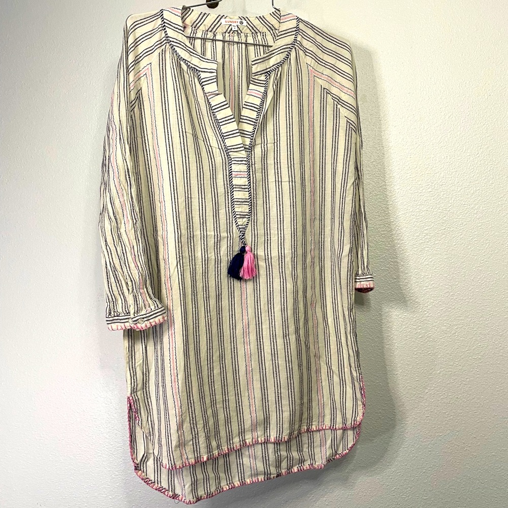 Sundry white beach cover tunic w/ embroidered stripes / hem & tassels sz L (3)